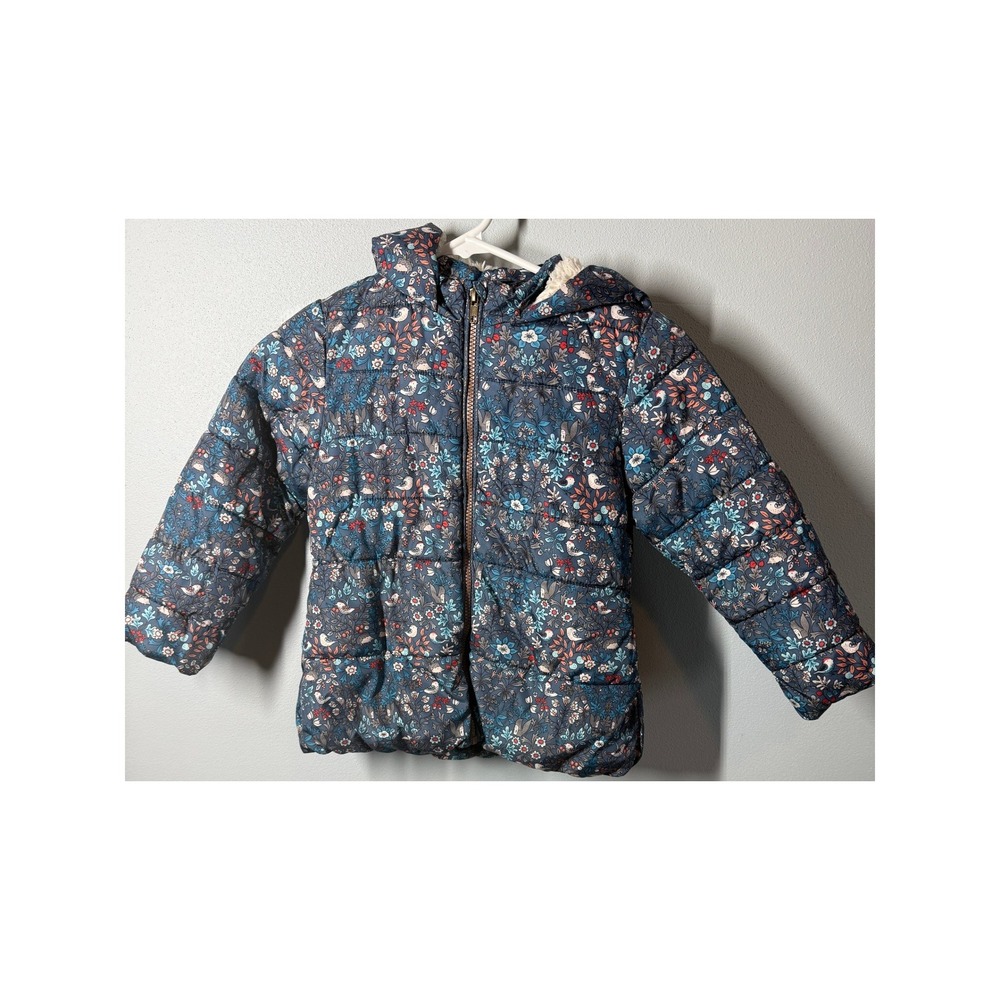 NEXT Girls Puffer Jacket 5/6 Blue Floral Bird Hedgehog Sherpa Lined Hood Zip